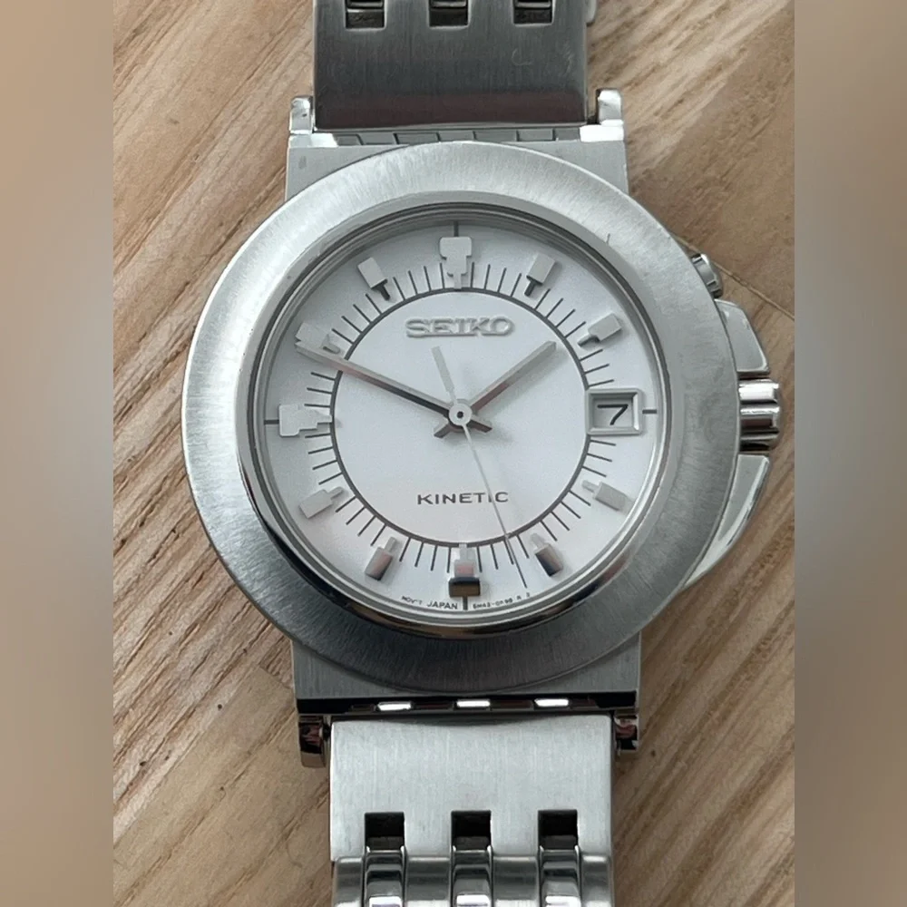 Seiko Kinetic Super Rare Automatic Watch White Dial Stainless Bracelet Dial